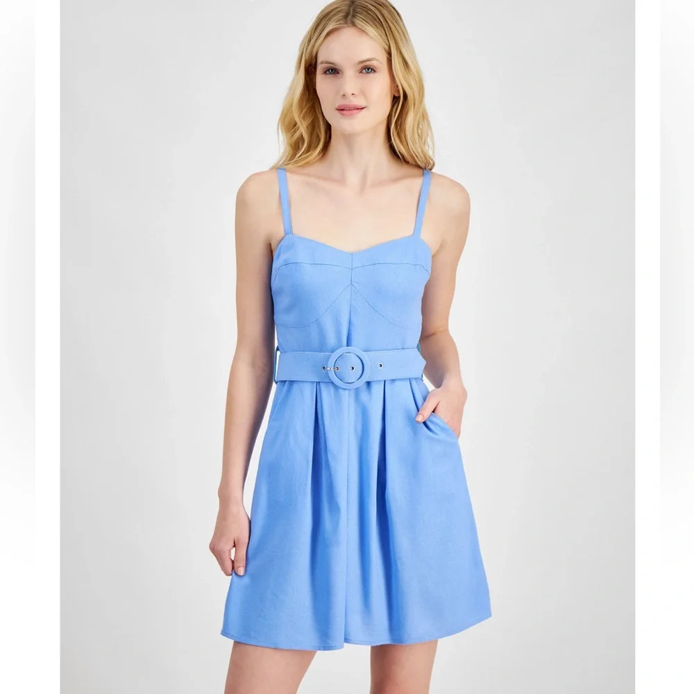 City Studio Sky Blue Fit & Flare Mini Dress Belted Pockets Summer Brunch Vacatio